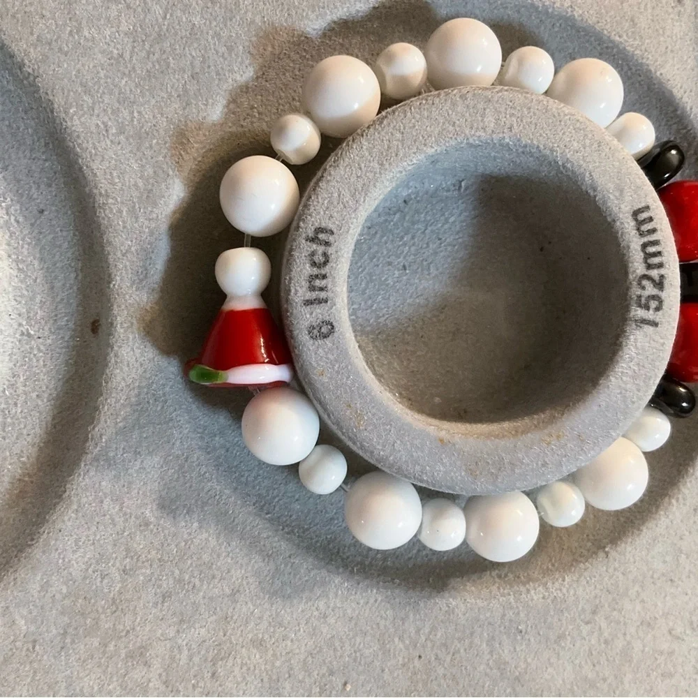 Hand Crafted Santa Claus Hat Earrings and Stretch Bracelet Red White Christmas
